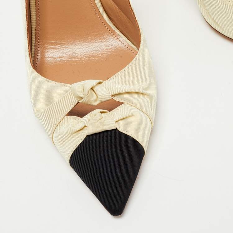 Pre Owned Aquazzura White/Black Canvas Cap Toe Slingback Pumps Size 38 