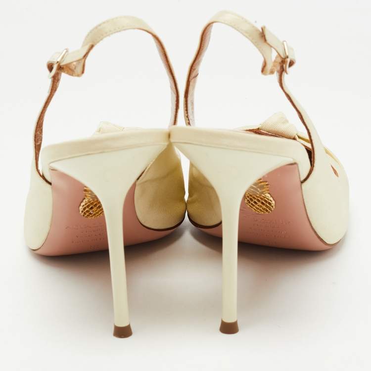 Pre Owned Aquazzura White/Black Canvas Cap Toe Slingback Pumps Size 38 