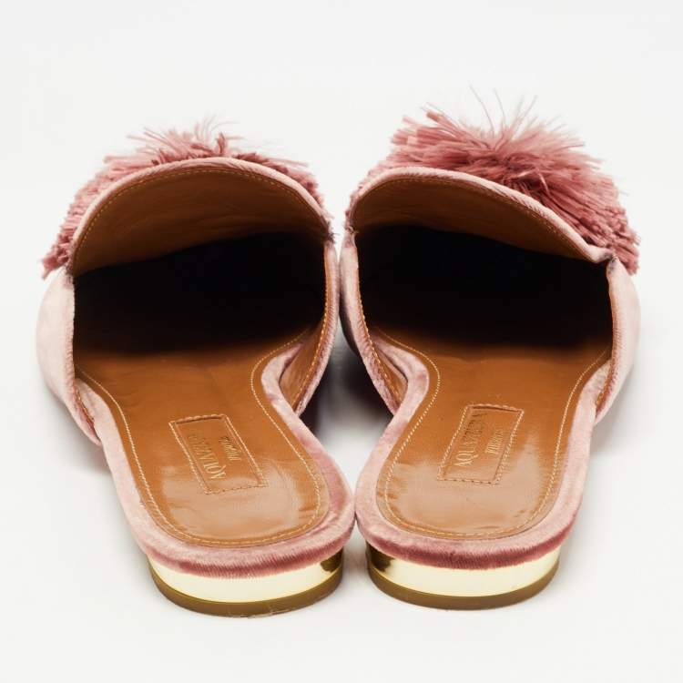 مملوكة مسبقًا Aquazzura Pink Velvet  Powder Puff Pom Pom Mules Size 36.5