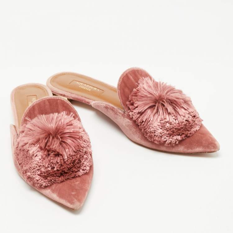 مملوكة مسبقًا Aquazzura Pink Velvet  Powder Puff Pom Pom Mules Size 36.5