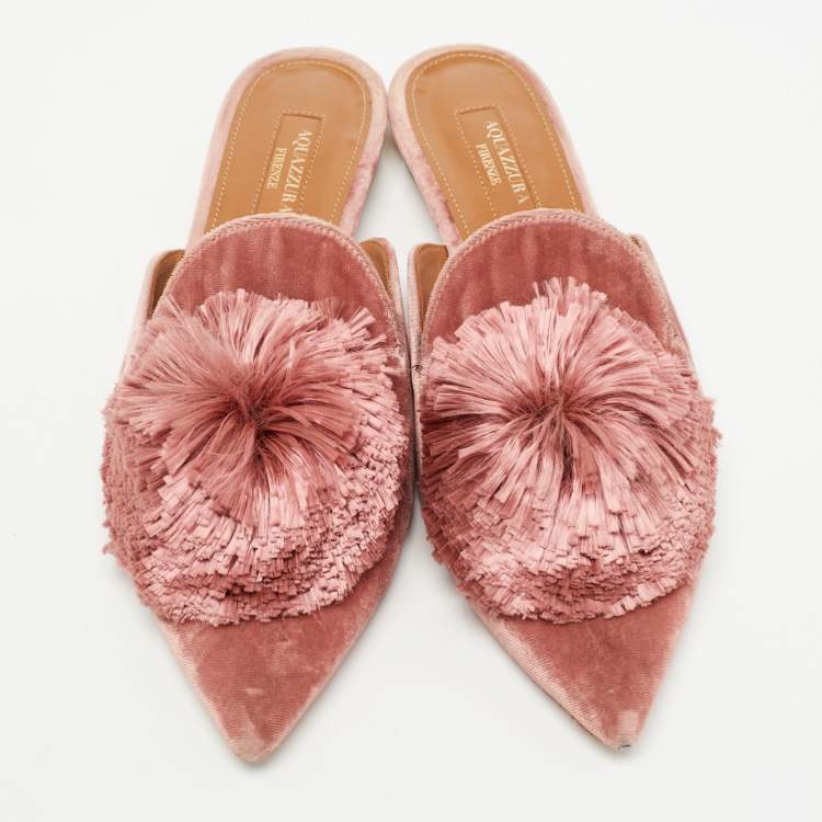 مملوكة مسبقًا Aquazzura Pink Velvet  Powder Puff Pom Pom Mules Size 36.5