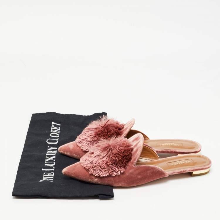 مملوكة مسبقًا Aquazzura Pink Velvet  Powder Puff Pom Pom Mules Size 36.5