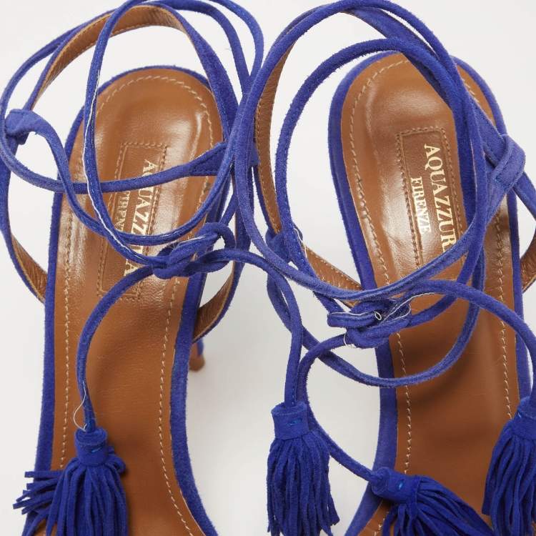 Pre Owned Aquazzura Blue Suede Wild Thing Ankle Wrap Sandals Size 39