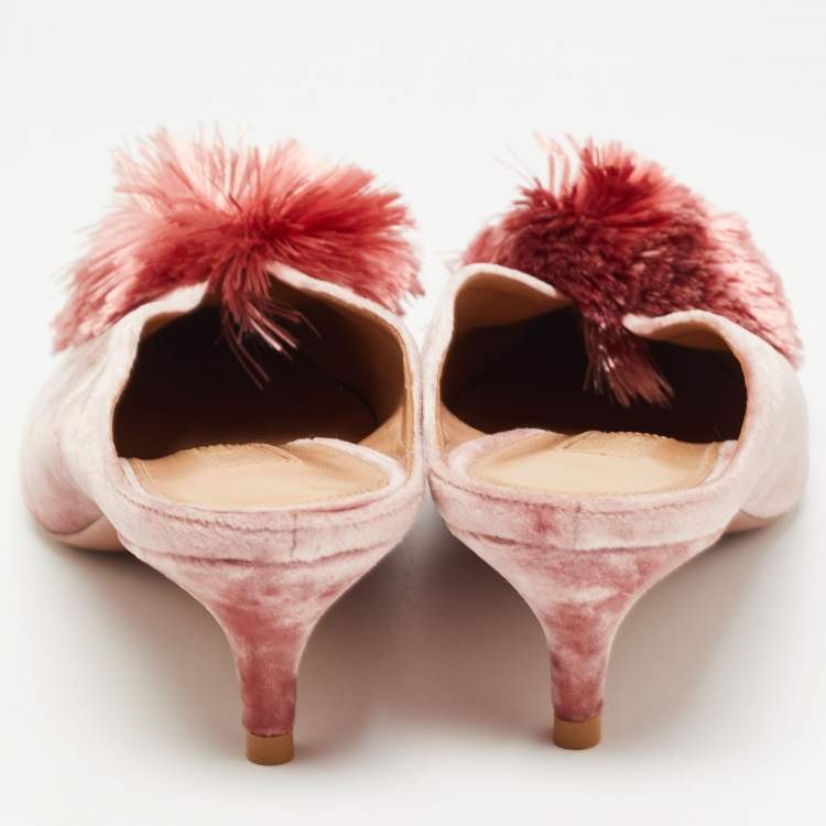 Pre Owned Aquazzura Pink Velvet Powder Puff Pompom-embellished Mule Sandals Size 37
