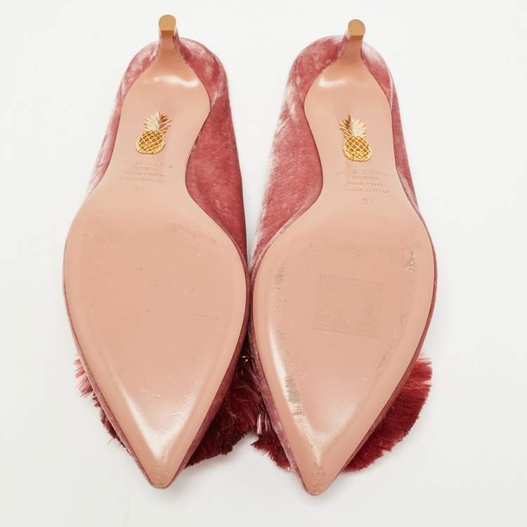 Pre Owned Aquazzura Pink Velvet Powder Puff Pompom-embellished Mule Sandals Size 37