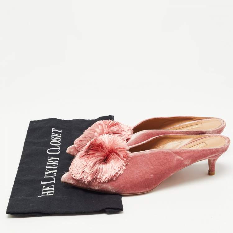 Pre Owned Aquazzura Pink Velvet Powder Puff Pompom-embellished Mule Sandals Size 37
