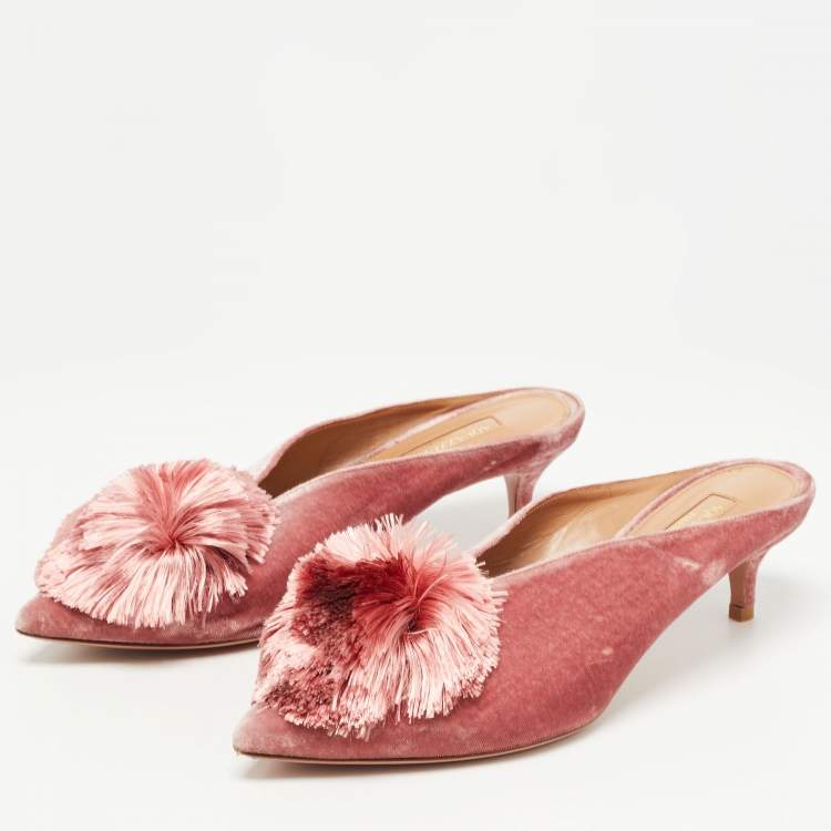 Pre Owned Aquazzura Pink Velvet Powder Puff Pompom-embellished Mule Sandals Size 37