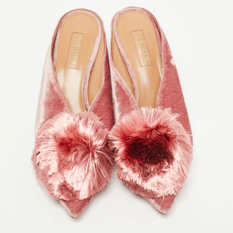 Pre Owned Aquazzura Pink Velvet Powder Puff Pompom-embellished Mule Sandals Size 37