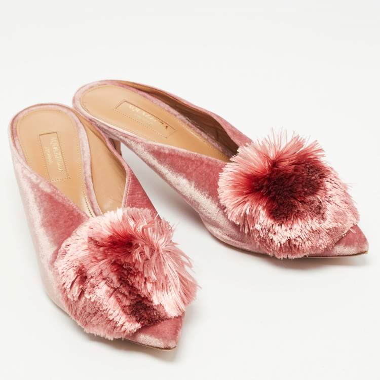 Pre Owned Aquazzura Pink Velvet Powder Puff Pompom-embellished Mule Sandals Size 37