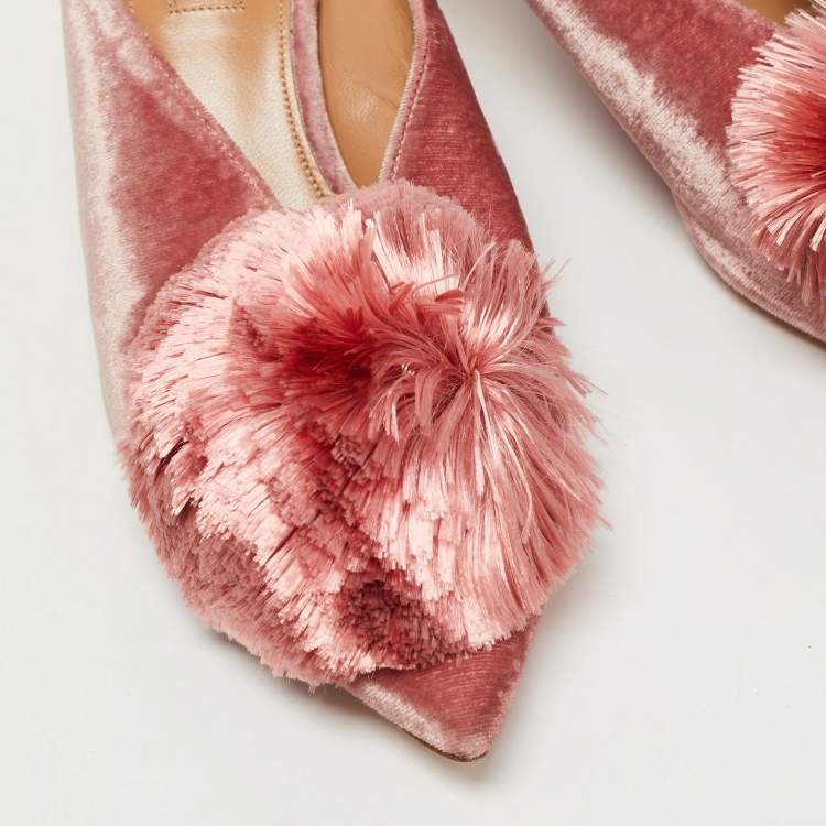 Pre Owned Aquazzura Pink Velvet Powder Puff Pompom-embellished Mule Sandals Size 37