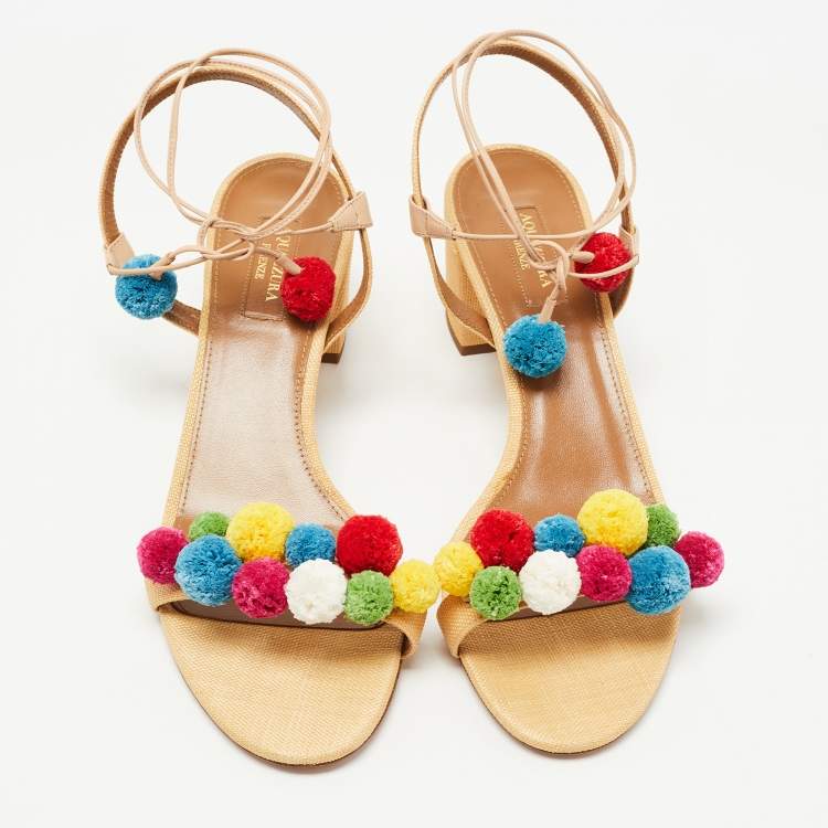 مملوكة مسبقًا Aquazzura Multicolor Raffia Disco Thing Ankle Tie Sandals Size 41