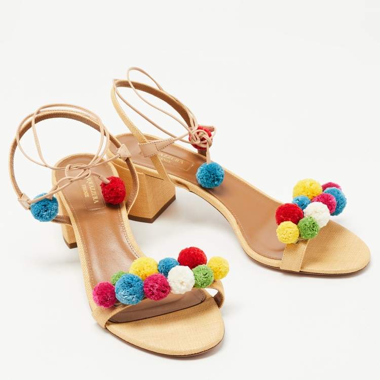 مملوكة مسبقًا Aquazzura Multicolor Raffia Disco Thing Ankle Tie Sandals Size 41