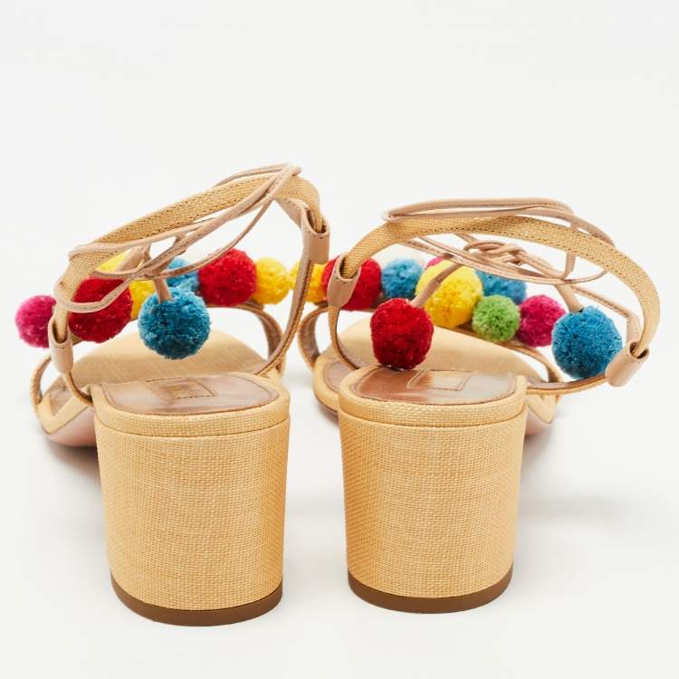 مملوكة مسبقًا Aquazzura Multicolor Raffia Disco Thing Ankle Tie Sandals Size 41