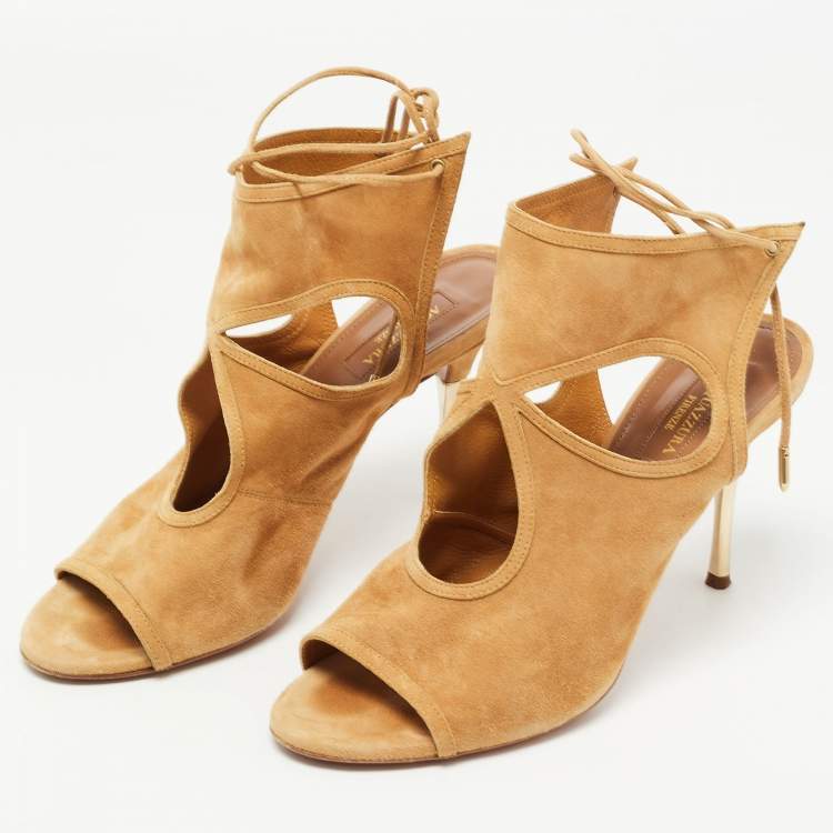 Pre Owned Aquazzura Tan Suede Sexy Thing Cut Out Sandals Size 40