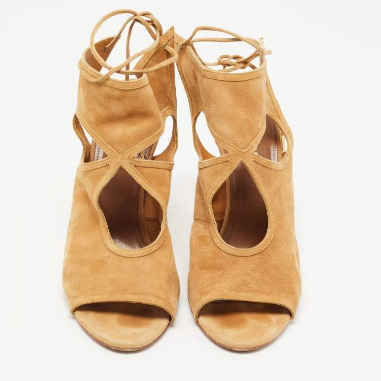 Pre Owned Aquazzura Tan Suede Sexy Thing Cut Out Sandals Size 40