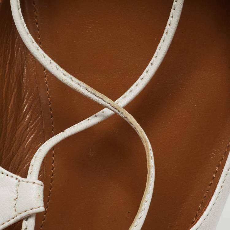 Pre Owned Aquazzura White Leather Christy Lace Up Ballet Flats Size 37.5