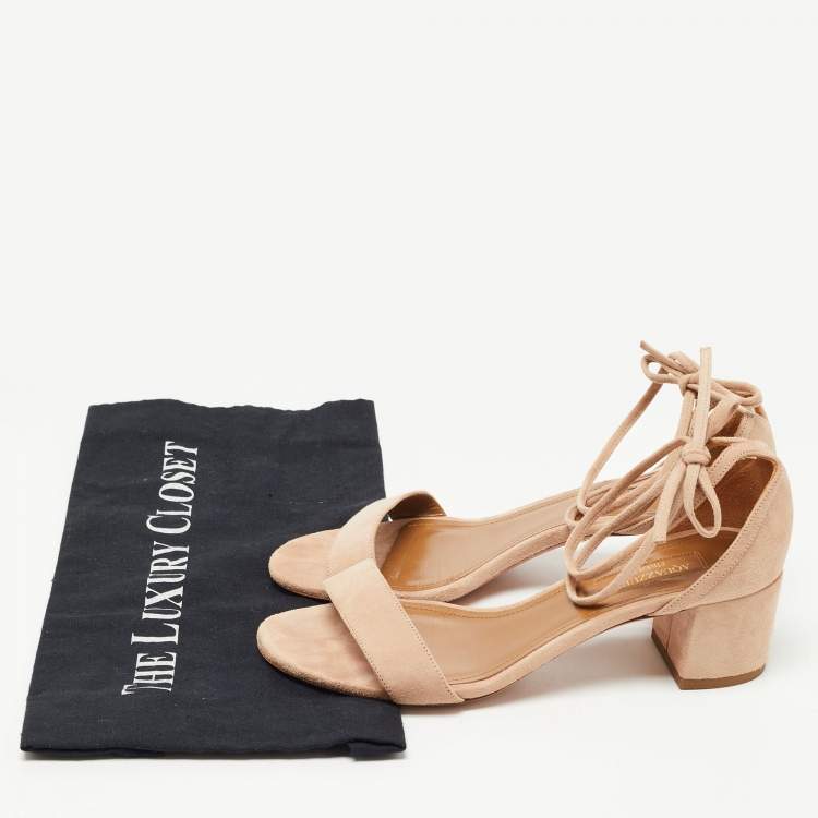 Pre Owned Aquazzura Beige Suede Block Heel Ankle Tie Sandals Size 36.5