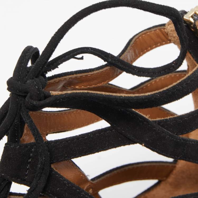 Pre Owned Aquazzura Black Suede Belgravia Ankle Wrap Flats Size 38