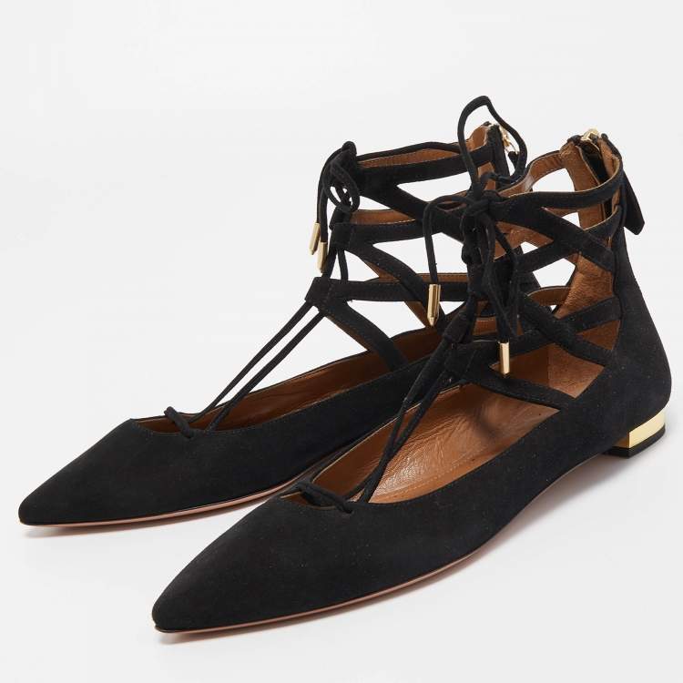 Pre Owned Aquazzura Black Suede Belgravia Ankle Wrap Flats Size 38