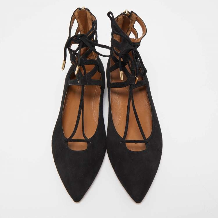 Pre Owned Aquazzura Black Suede Belgravia Ankle Wrap Flats Size 38
