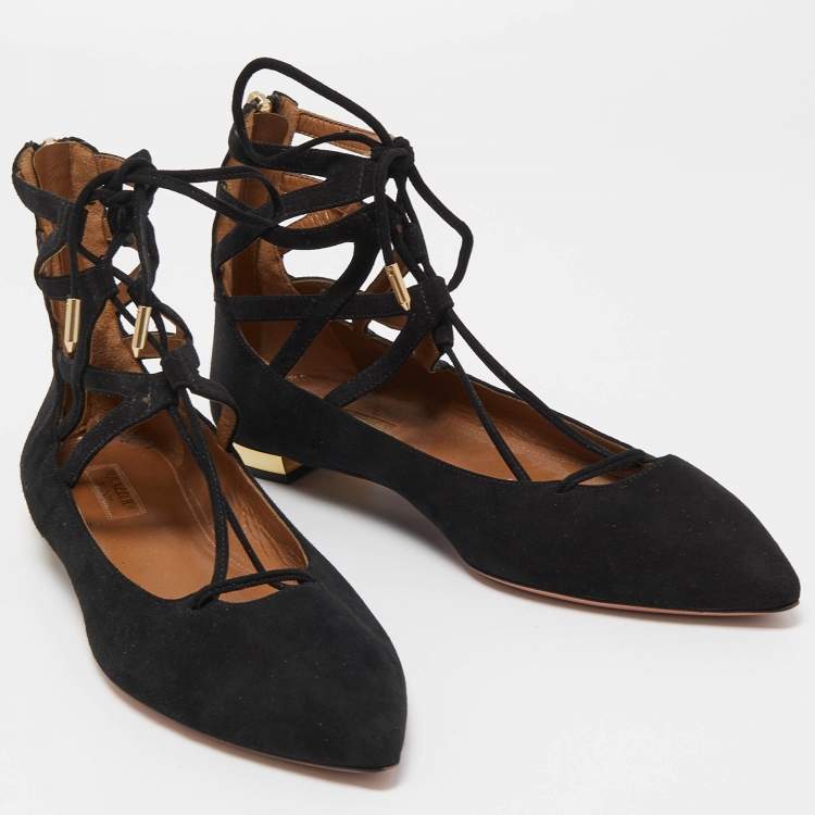 Pre Owned Aquazzura Black Suede Belgravia Ankle Wrap Flats Size 38
