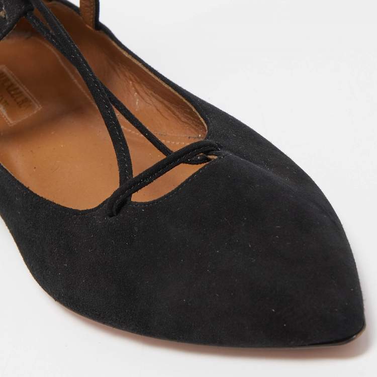 Pre Owned Aquazzura Black Suede Belgravia Ankle Wrap Flats Size 38
