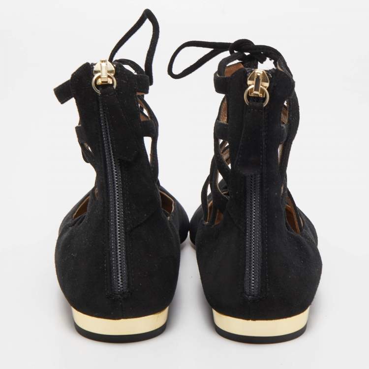 Pre Owned Aquazzura Black Suede Belgravia Ankle Wrap Flats Size 38