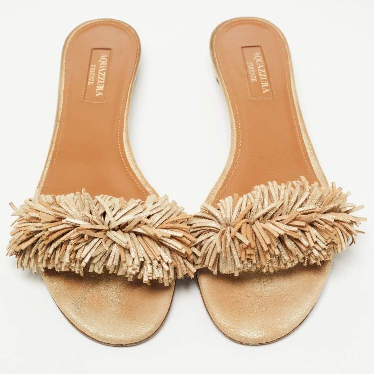 Pre Owned Aquazzura Beige Suede Wild Thing Fringe Flat Slide Size 37