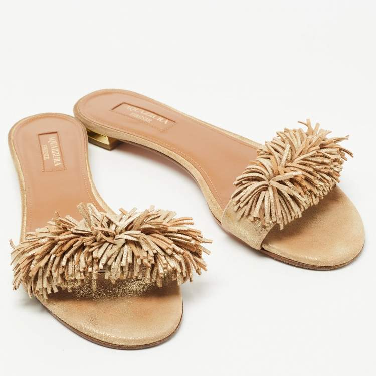 Pre Owned Aquazzura Beige Suede Wild Thing Fringe Flat Slide Size 37