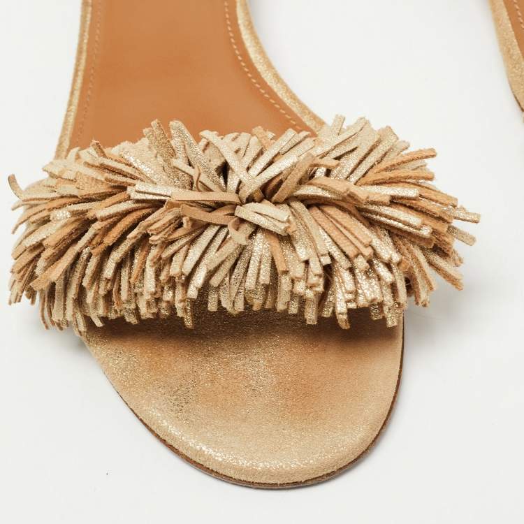 Pre Owned Aquazzura Beige Suede Wild Thing Fringe Flat Slide Size 37