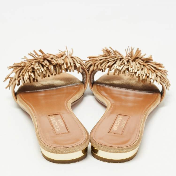 Pre Owned Aquazzura Beige Suede Wild Thing Fringe Flat Slide Size 37