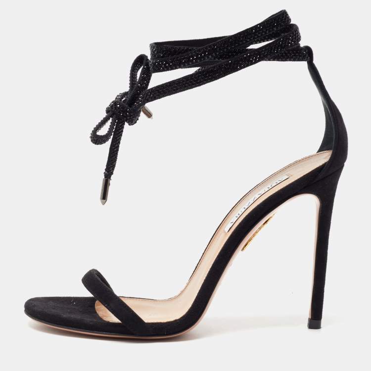 Pre Owned Aquazzura Black Suede Mon Cherie Ankle Tie Sandals Size 38.5