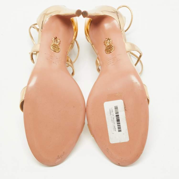 Pre Owned Aquazzura Gold Leather  Linda Ankle Strap Sandals Size 40