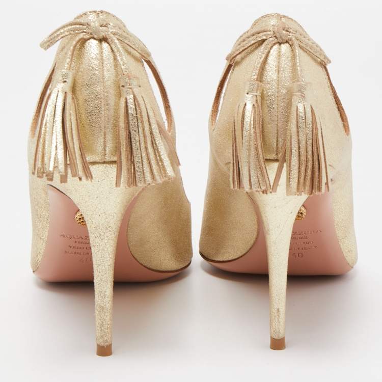 Pre Owned Aquazzura Gold Textured Leather Forever Marilyn Cut Out Tassel Detail Pumps Size 40