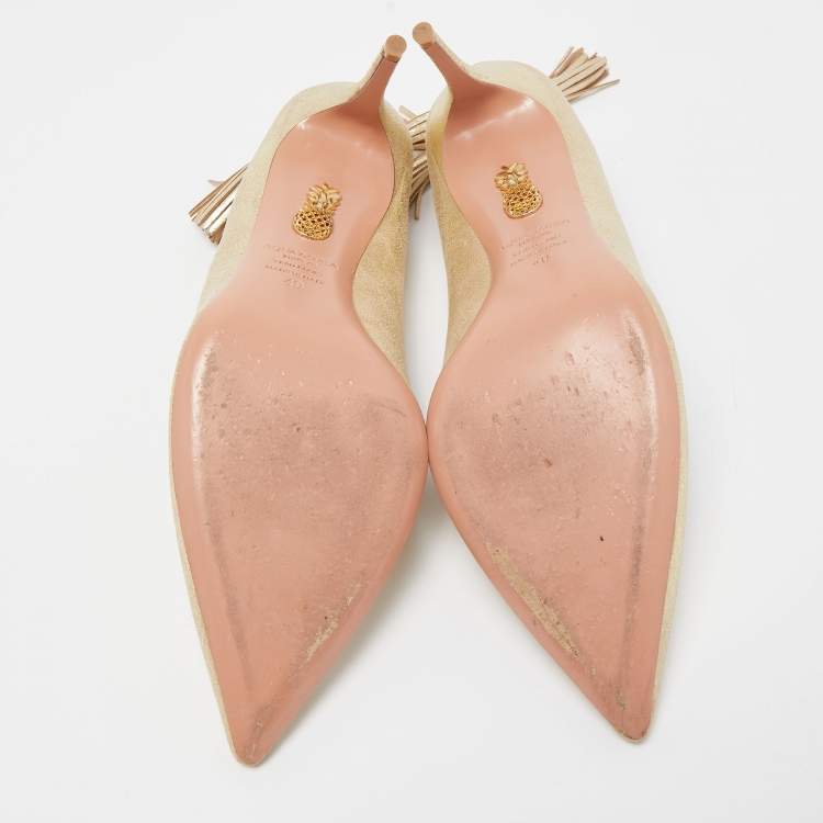 Pre Owned Aquazzura Gold Textured Leather Forever Marilyn Cut Out Tassel Detail Pumps Size 40