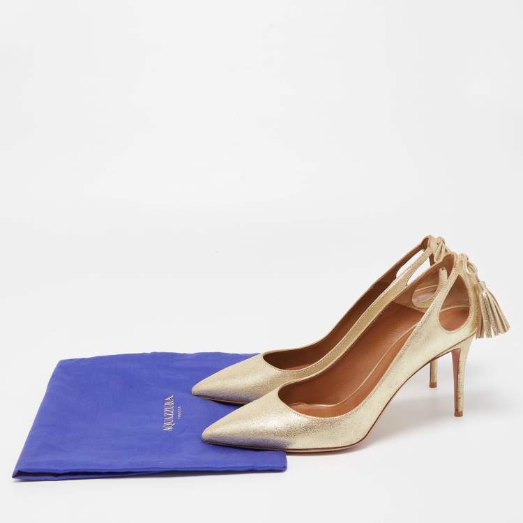 Pre Owned Aquazzura Gold Textured Leather Forever Marilyn Cut Out Tassel Detail Pumps Size 40