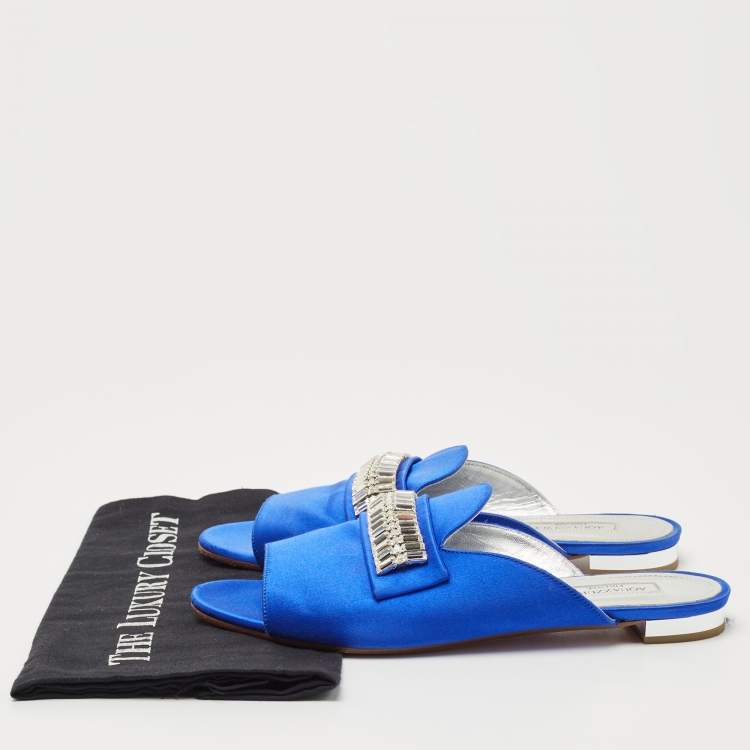 مملوكة مسبقًا Aquazzura Blue Satin and Crystal Slide Flats Size 38