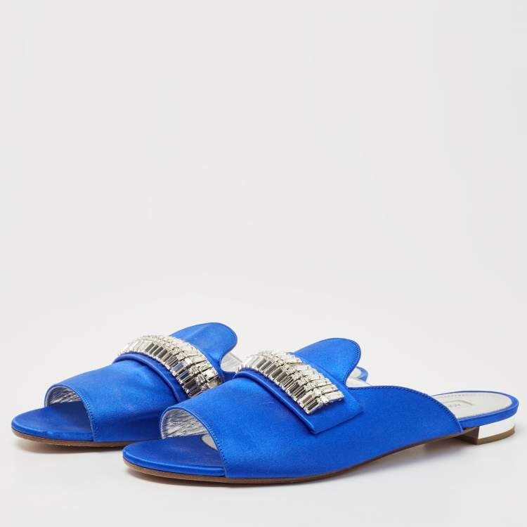 مملوكة مسبقًا Aquazzura Blue Satin and Crystal Slide Flats Size 38