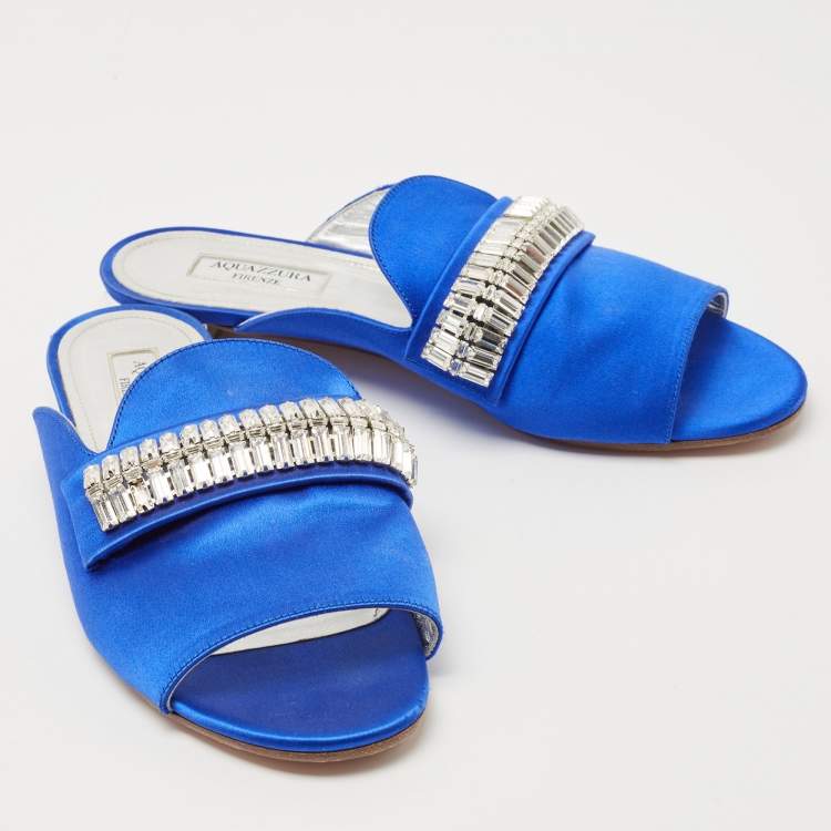 مملوكة مسبقًا Aquazzura Blue Satin and Crystal Slide Flats Size 38