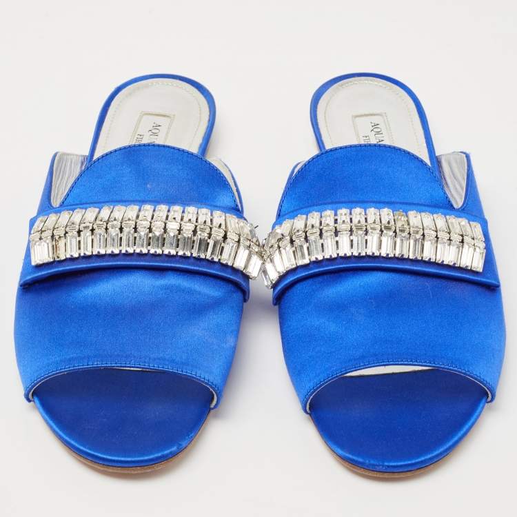 مملوكة مسبقًا Aquazzura Blue Satin and Crystal Slide Flats Size 38