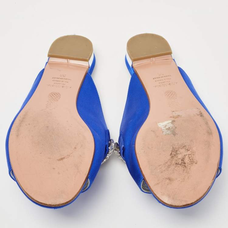 مملوكة مسبقًا Aquazzura Blue Satin and Crystal Slide Flats Size 38