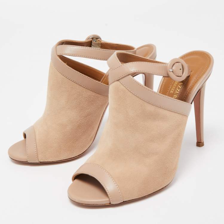 Pre Owned Aquazzura Beige/Leather Ankle Strap Sandals Size 35.5