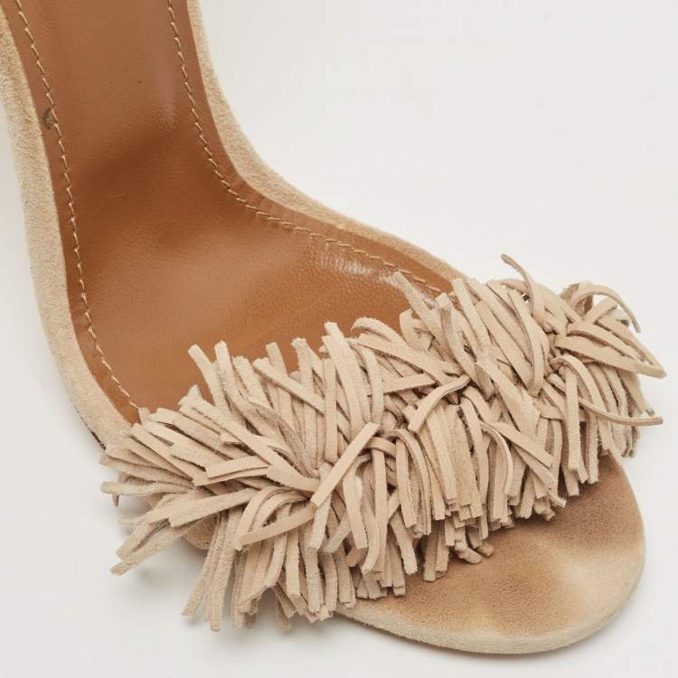 Pre Owned Aquazzura Beige Suede Wild Thing Fringe Ankle Wrap Sandals Size 37