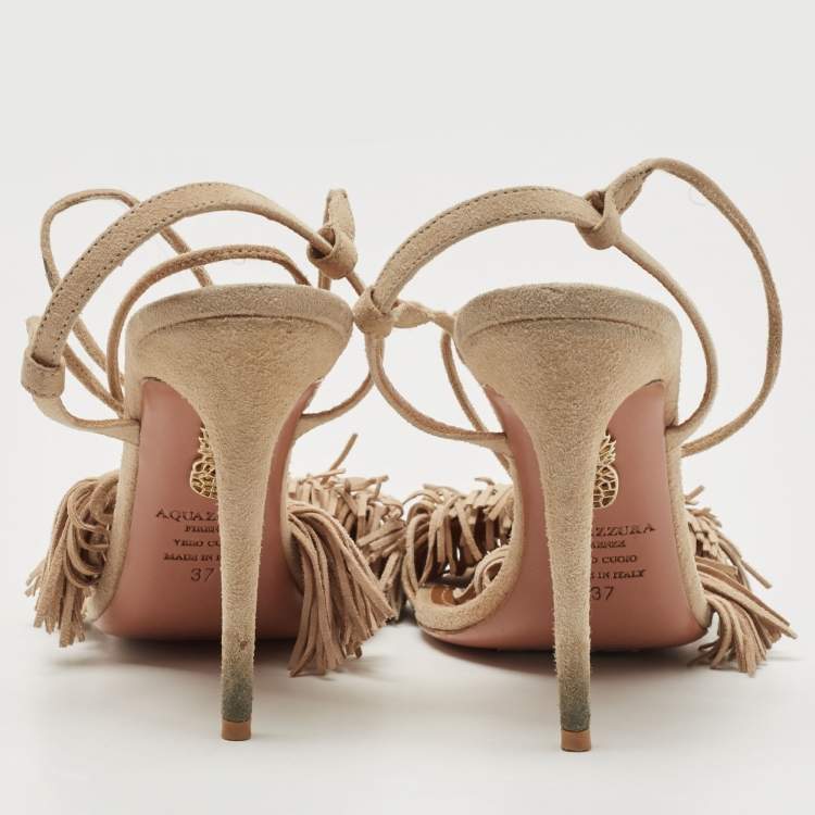 Pre Owned Aquazzura Beige Suede Wild Thing Fringe Ankle Wrap Sandals Size 37