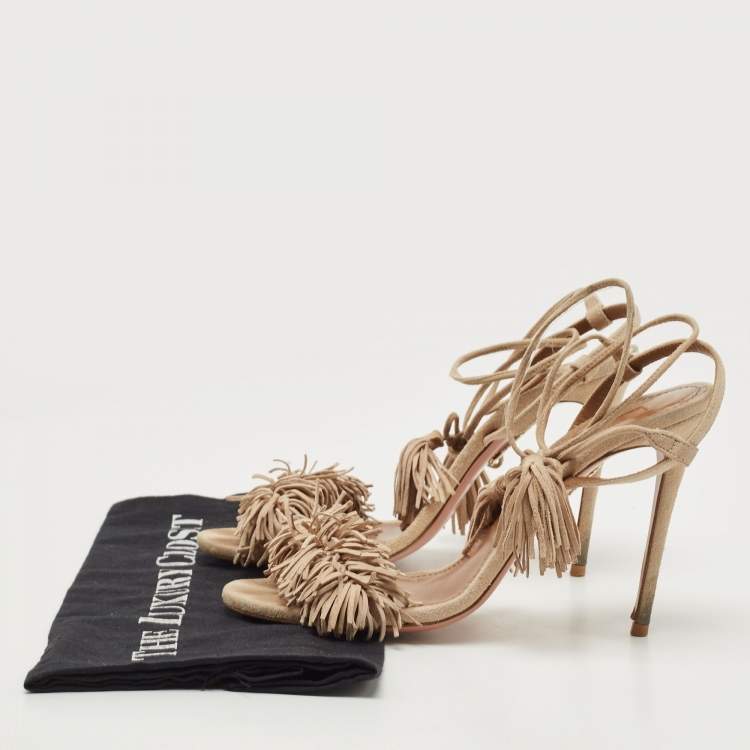 Pre Owned Aquazzura Beige Suede Wild Thing Fringe Ankle Wrap Sandals Size 37