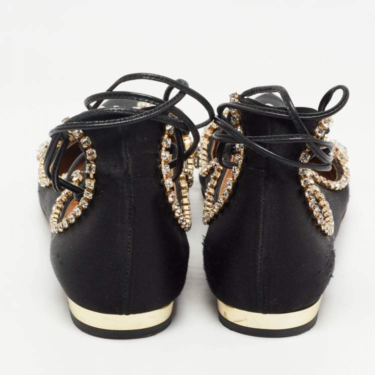 Pre Owned Aquazzura Black Satin Crystal Embellished Christy Ankle-Wrap Ballet Flats Size 37