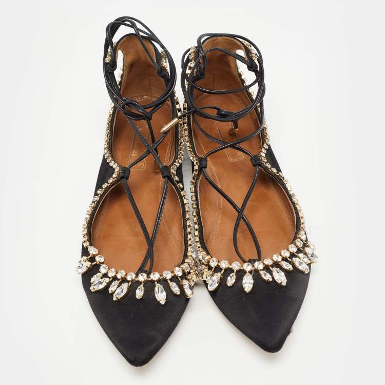Pre Owned Aquazzura Black Satin Crystal Embellished Christy Ankle-Wrap Ballet Flats Size 37