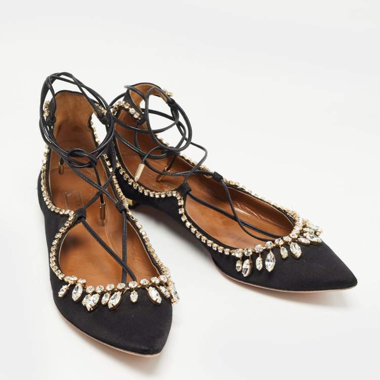 Pre Owned Aquazzura Black Satin Crystal Embellished Christy Ankle-Wrap Ballet Flats Size 37