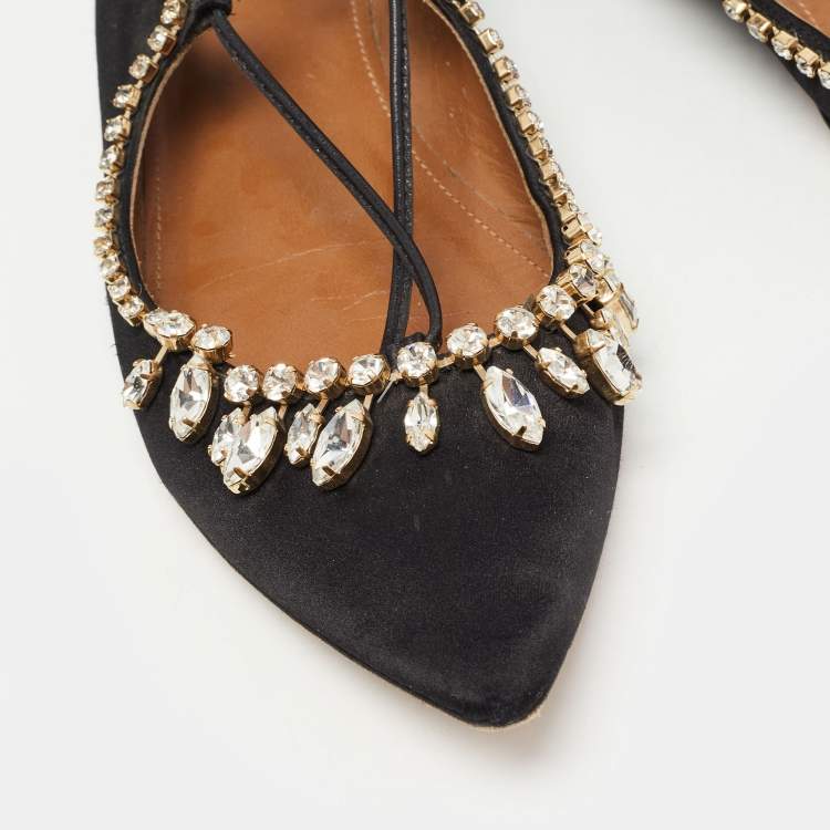 Pre Owned Aquazzura Black Satin Crystal Embellished Christy Ankle-Wrap Ballet Flats Size 37