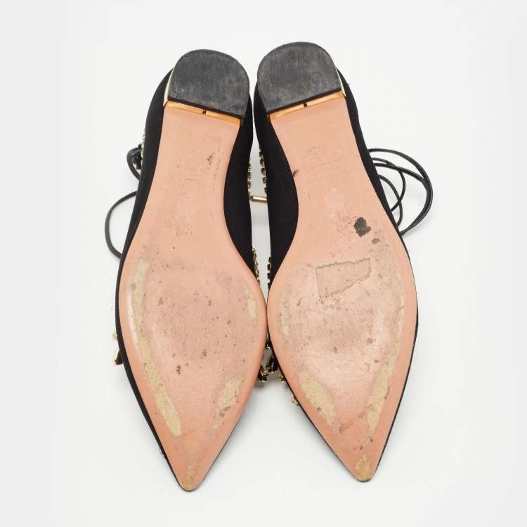 Pre Owned Aquazzura Black Satin Crystal Embellished Christy Ankle-Wrap Ballet Flats Size 37